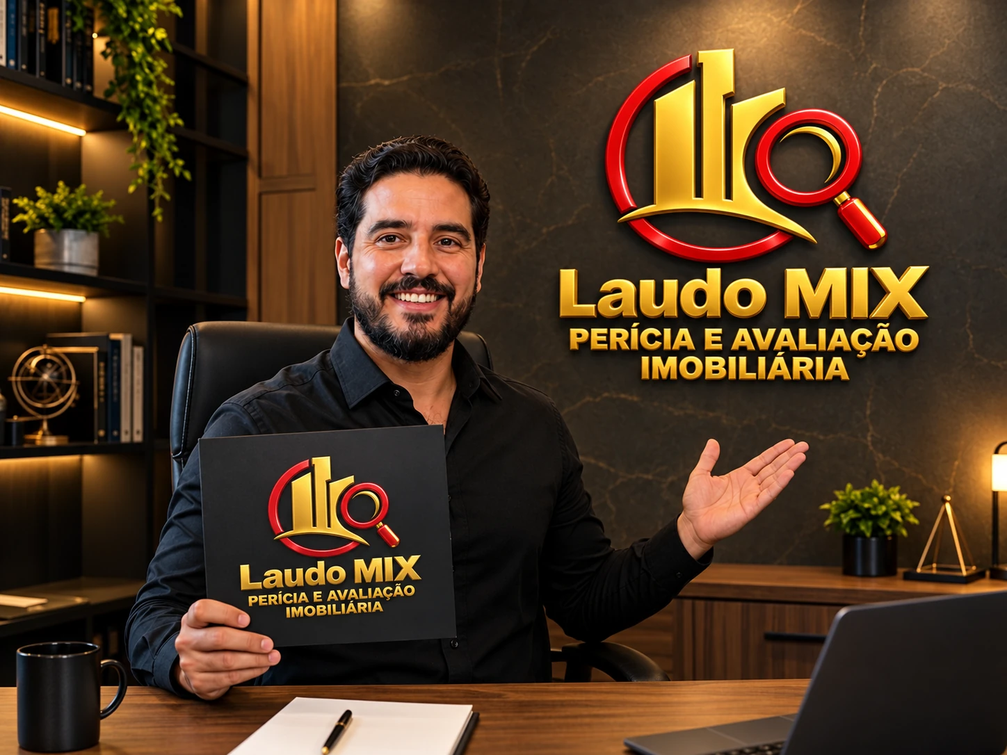 Profissional da Laudo MIX apresentando um relatório no escritório